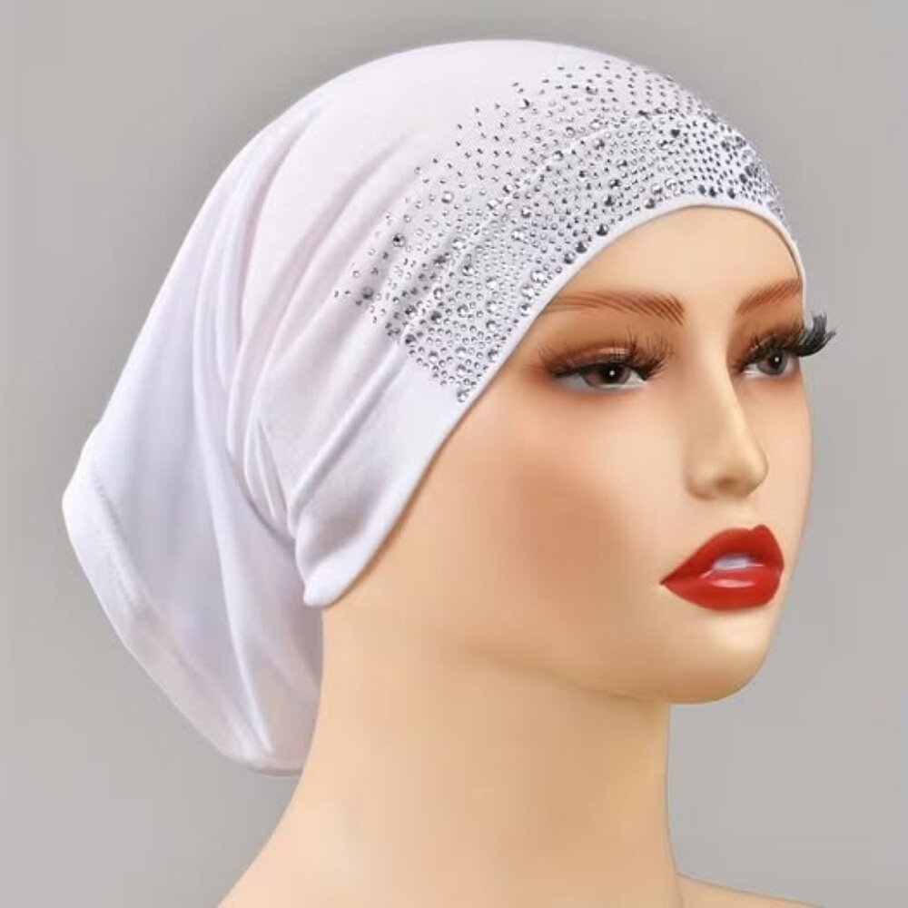 White Tube Cap Women's Hijab Under Cap with Rhinestones Cluster